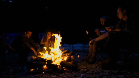 group of hikers roasting marshmallows near campfire 4k