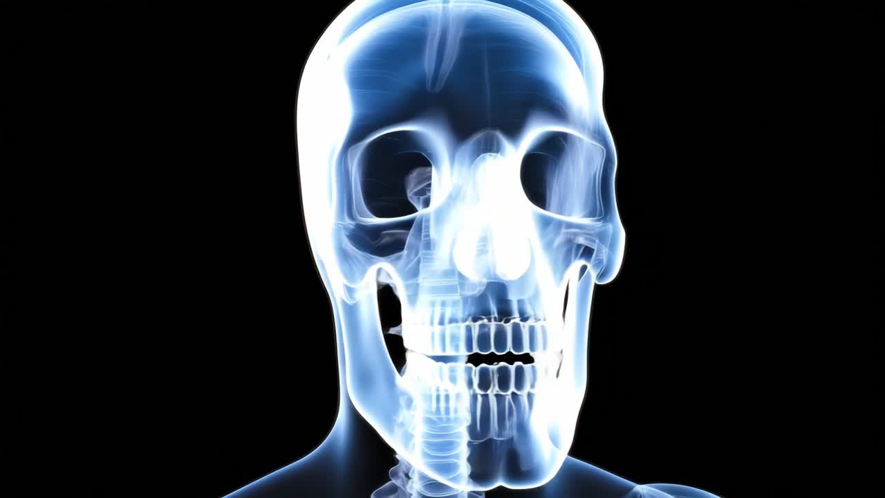 X-ray style side view of a human skull and spine on a black background, resembling a medical video