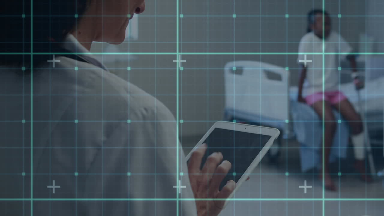 la animación muestra a un médico usando una tableta y al paciente en la cama en un entorno médico de temática de red.