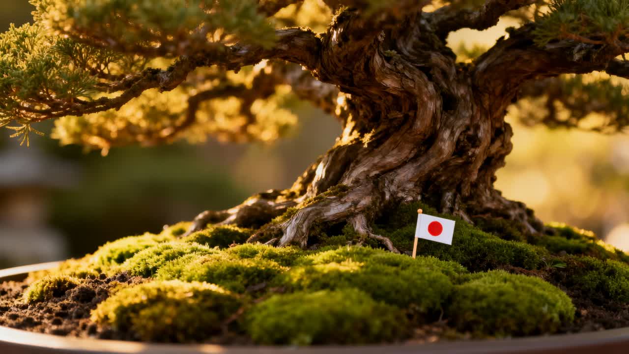 Moving camera sliding closer to bonsai at garden exhibit, showing gnarly trunk and small Japan flag
