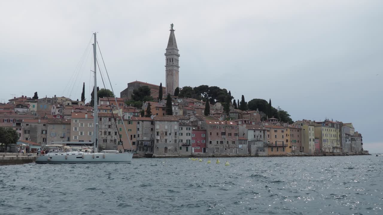 An expansive wide-angle shot capturing Rovinj's colorful architecture and sparkling coastal waters.