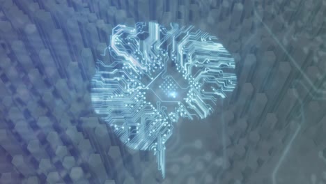 conexiones de microprocesadores que forman un cerebro contra formas en movimiento