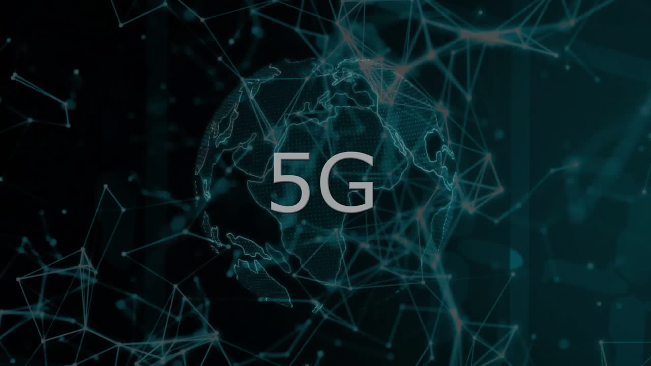 animazione di testo 5g, rete di connessioni e globo su sfondo scuro