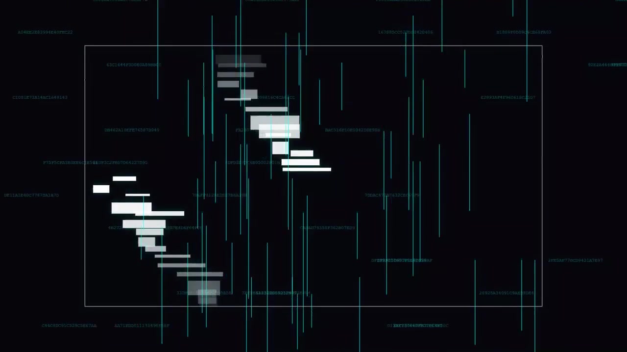 Visualizzazione astratta di dati digitali con barre bianche in movimento e codice a scorrimento