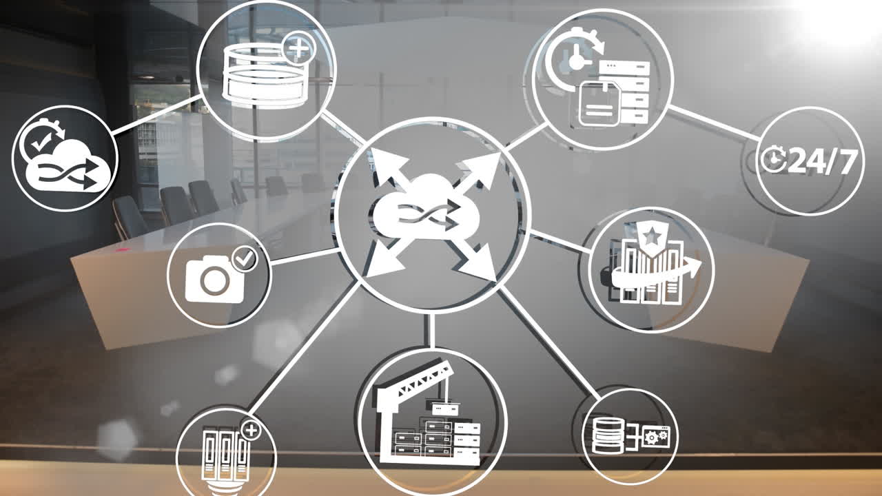 animación de iconos de negocios y oficinas sobre la oficina