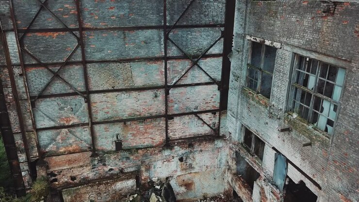 Volo sopra la fabbrica distrutta. Vecchio edificio industriale da demolire