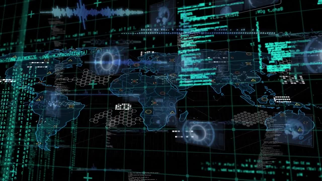 Animation of molecules over data processing on black background