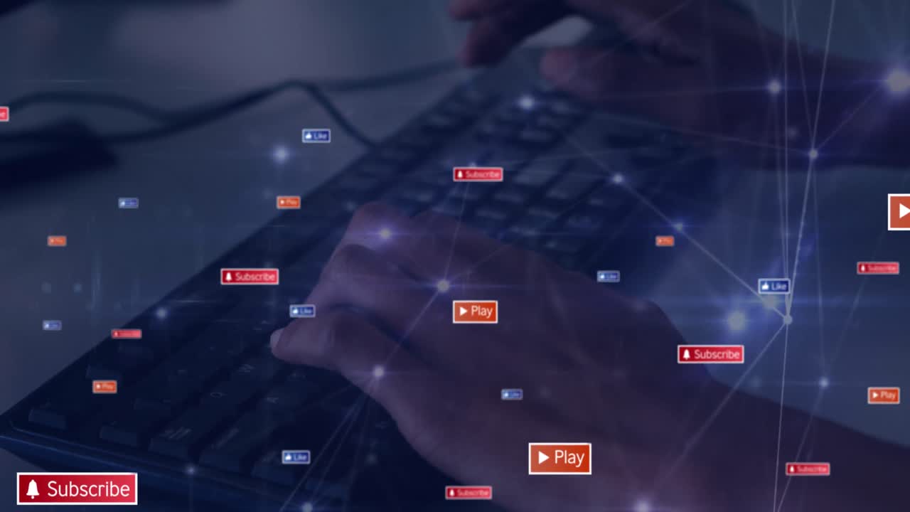 소셜 미디어 아이콘의 애니메이션과 키보드에 타이핑하는 사람의 손을 통해 연결 네트워크