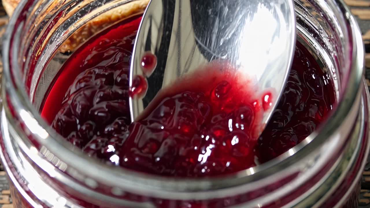 Cuplikan video close-up dari stoples berisi selai merah pekat, dengan sendok di dalamnya