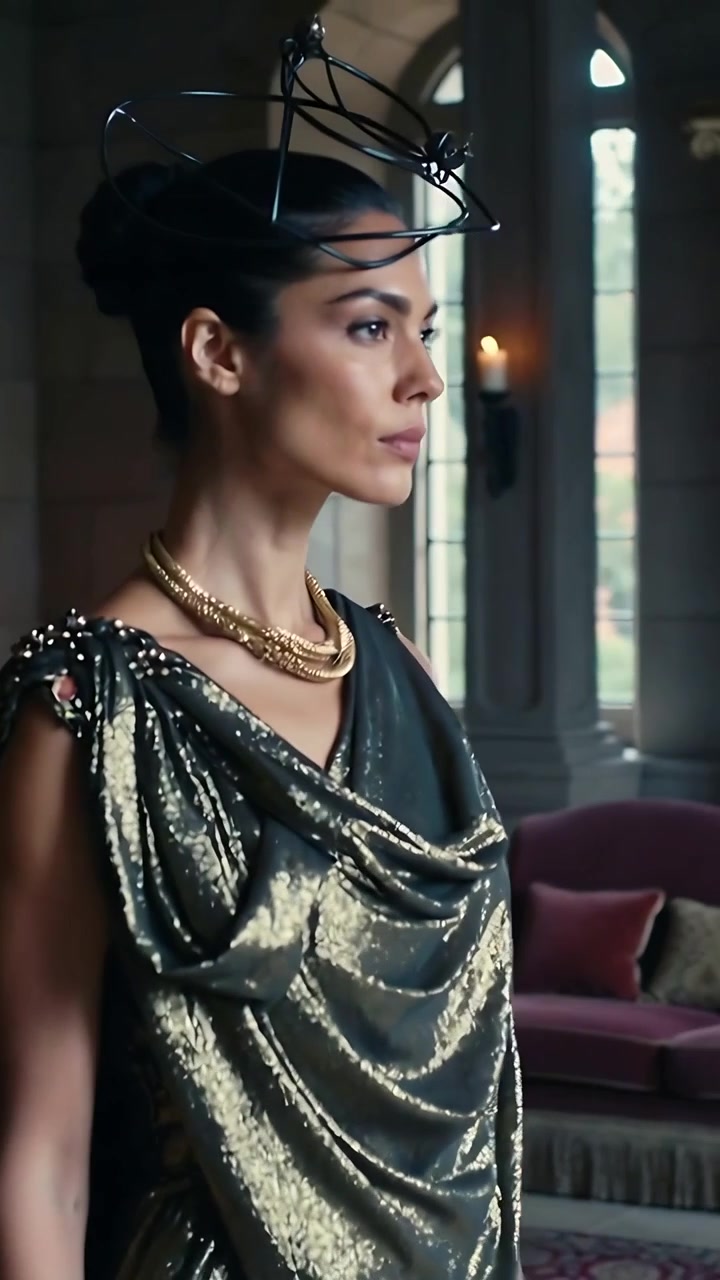 Vertical video: Camera drawing closer, woman turning head in hall, revealing metal gown and crown