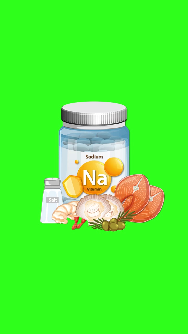 Botol suplemen natrium dengan tempat garam, bawang, dan rempah-rempah muncul di atas latar belakang layar hijau cerah
