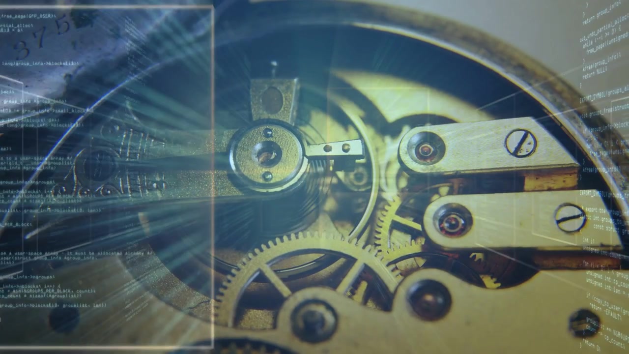 Camera shifting inward, brass movement showing gears while balance oscillating, highlighting detail