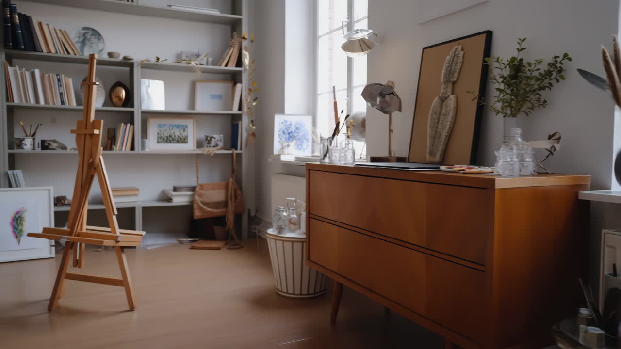 A bright and organized art studio with an easel, bookshelves, and various artworks