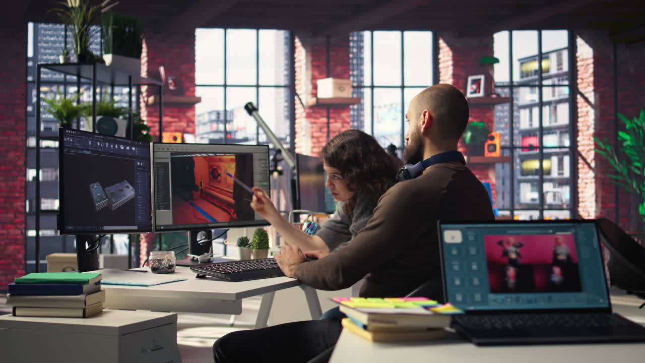 Man and woman work with AI generated app to develop a futuristic spaceship