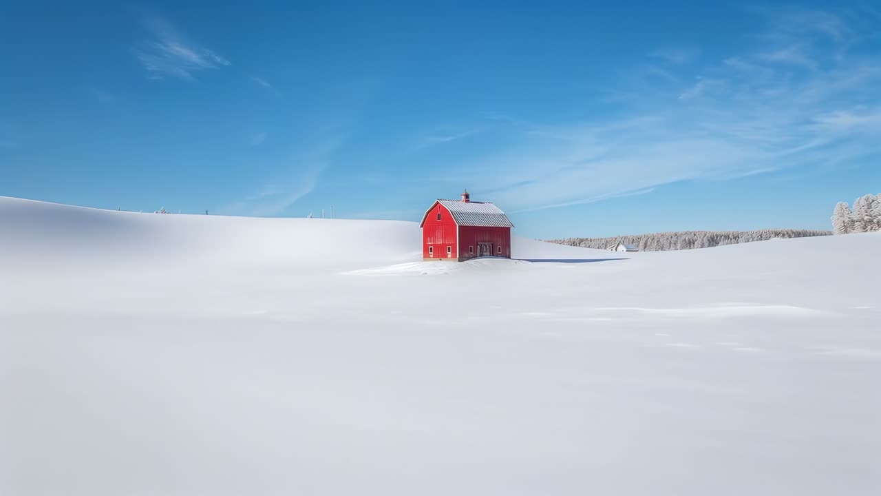 Revealing slow camera approaching red barn on snowy rural field, showing chimney, doors, tree line