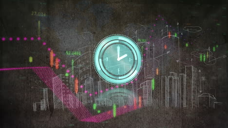 animación de reloj que se mueve rápido y estadísticas con procesamiento de datos sobre el paisaje urbano