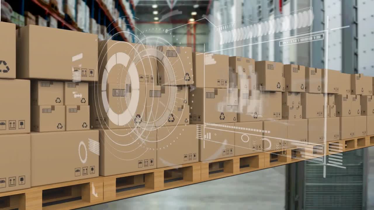 배경에서 컨베이어 벨트에 있는 카드보드 상자 위에서 통계 처리의 애니메이션