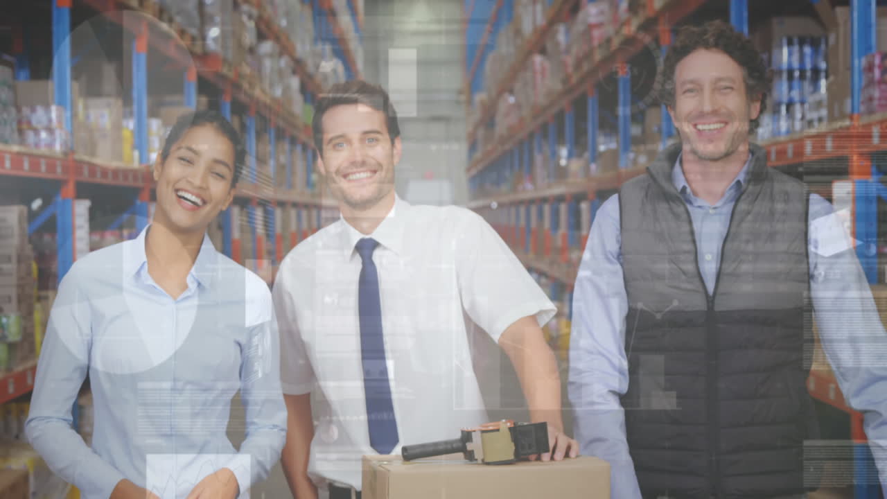 Animazione dell'elaborazione dati su persone che lavorano in un magazzino