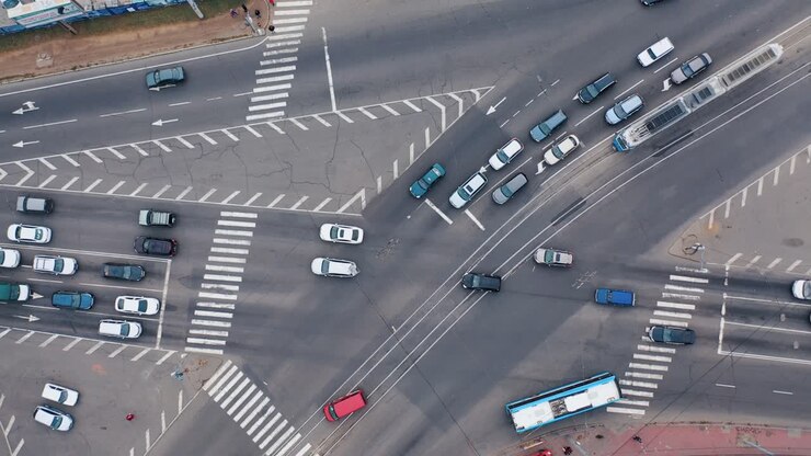 Aerial view of highway crossroads roads traffic an important infrastructure