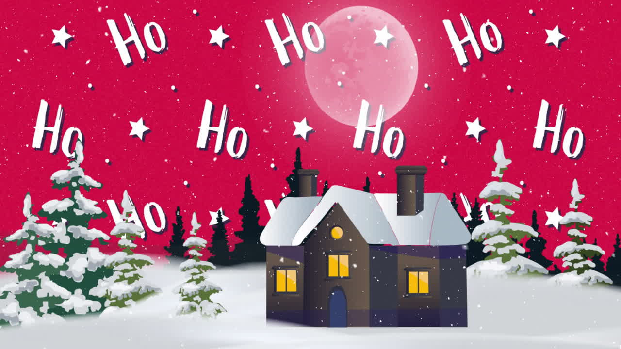 Snow-covered house with lit windows and Ho animation over snowy landscape