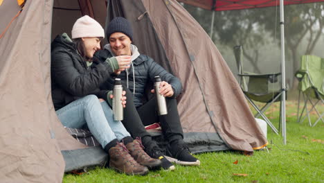 tent, tea and couple camping in nature together