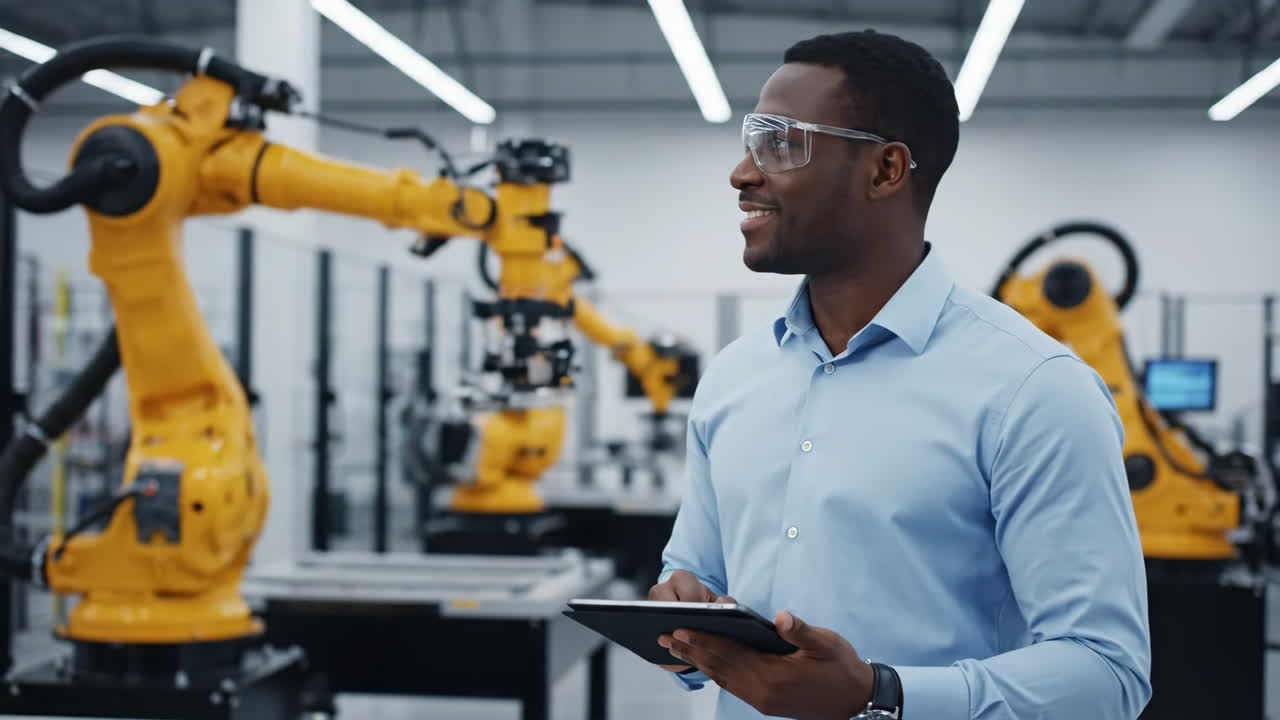 Engineer using tablet in robotic factory