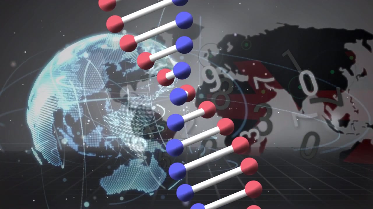 Digital DNA-streng roterende over globalt kort som baggrund.