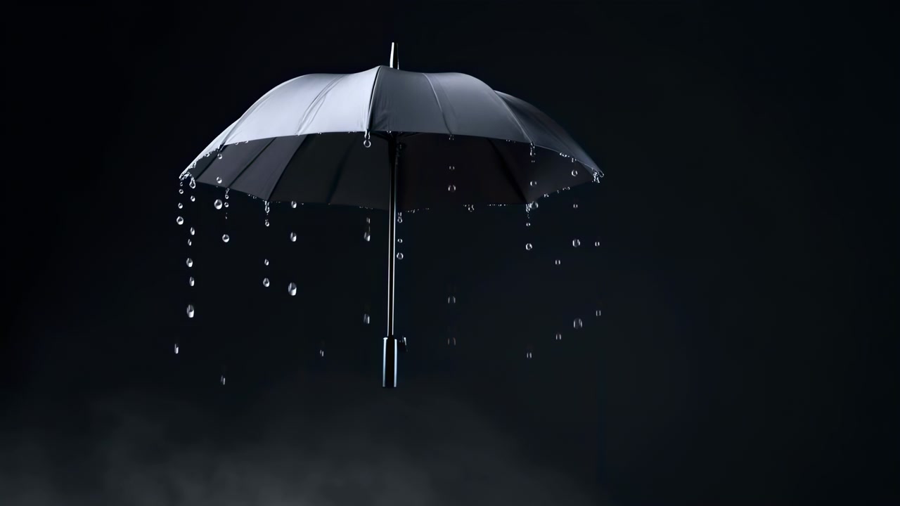 Guarda-chuva preto centralizado pendurado em luz de estúdio escura, com gotas de água escorrendo das bordas da copa, criando reflexos brilhantes, contraste nítido, enquadramento simétrico e uma atmosfera de proteção premium contra intempéries
