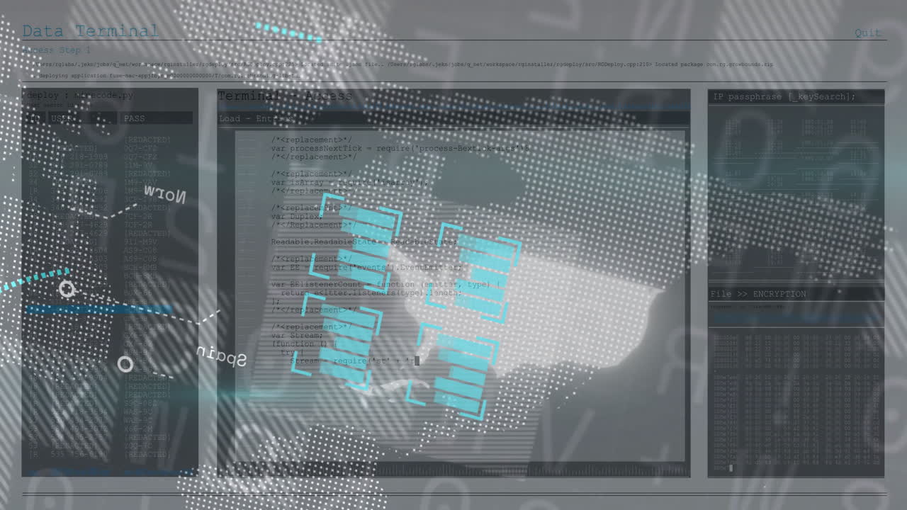 Digital data processing animation over abstract map with blue graphics