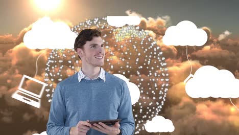 animación de un hombre usando una tableta sobre un cielo nublado