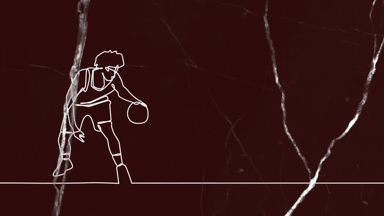 animación de dibujo de jugador de baloncesto masculino y formas sobre fondo negro.