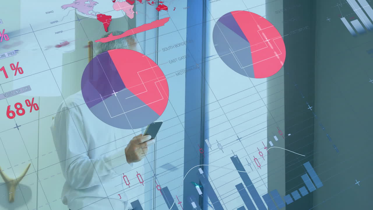 animación del procesamiento de datos financieros sobre un empresario caucásico que usa un teléfono inteligente