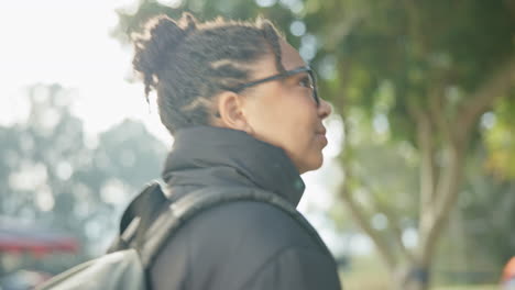 travel, woman and walking in woods with backpack