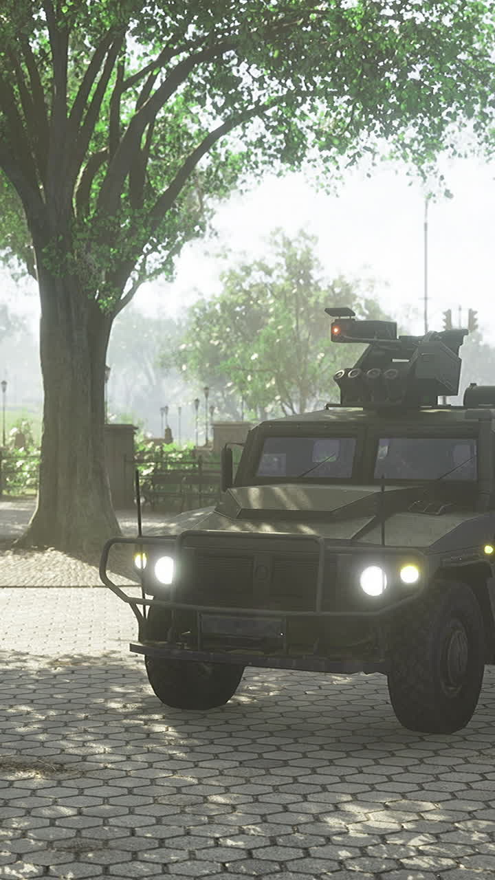 Military vehicle parked in a serene park during a bright sunny day