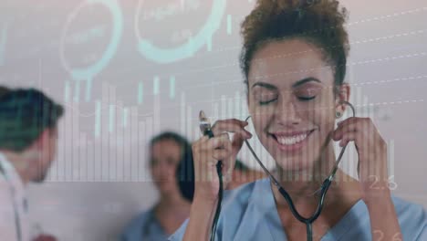 Animation-of-data-processing-over-happy-biracial-female-doctor-holding-a-stethoscope-at-hospital