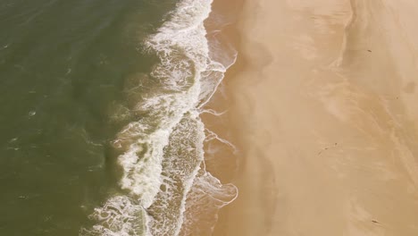 ocean waves gently crushing into an yellow sand beach, drone moving forward over the line formed by the waves and the beach