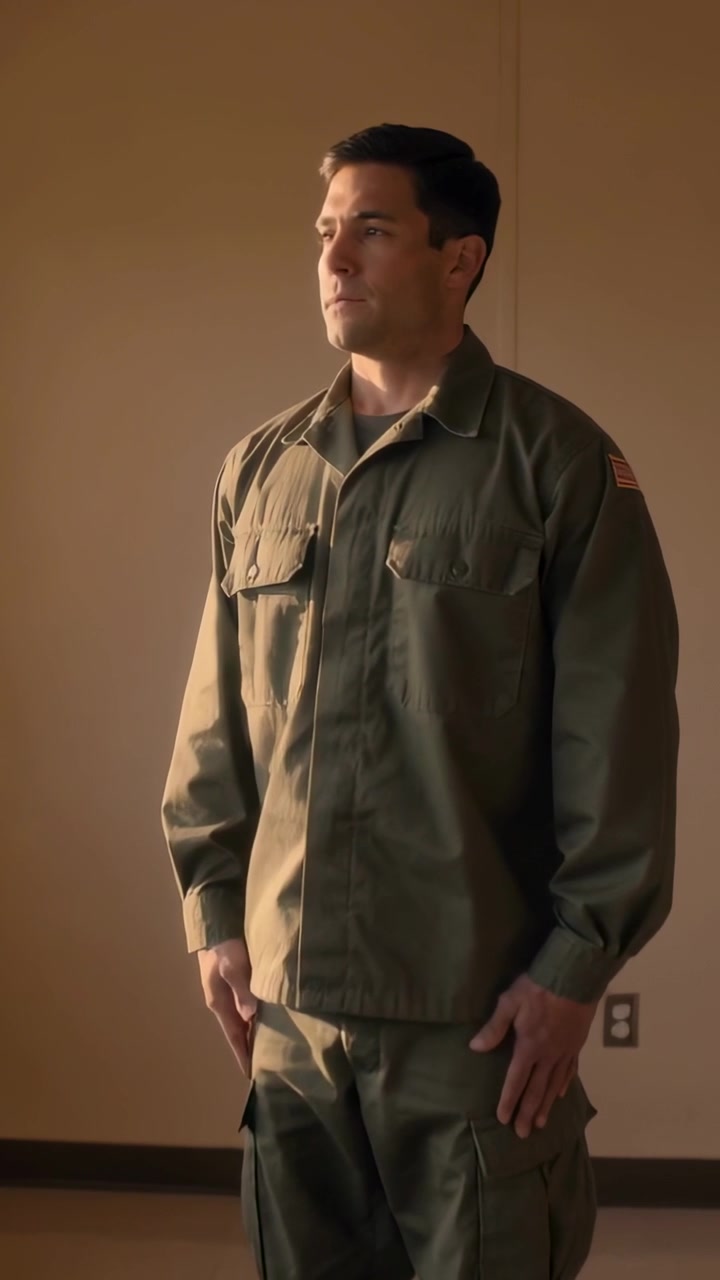 Video verticale: La telecamera si avvicina, facendo sì che un uomo in camicia color oliva, in piedi, giri lo sguardo in una stanza beige.