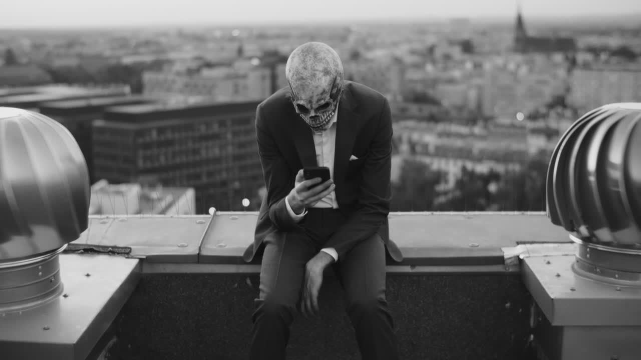 Person in Skull Mask Sits on City Rooftop with Phone, Black and White