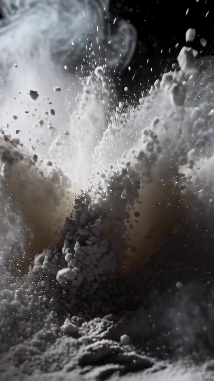 Video verticale: Superficie granulare che lancia polvere e rocce da un impatto in studio, con fumo retroilluminato.