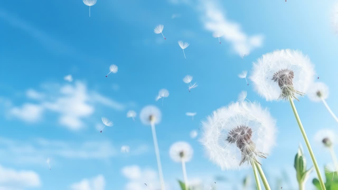 Lav vinkel av løvetann mot en klar blå himmel, som fanger et fredfullt og luftig konsept