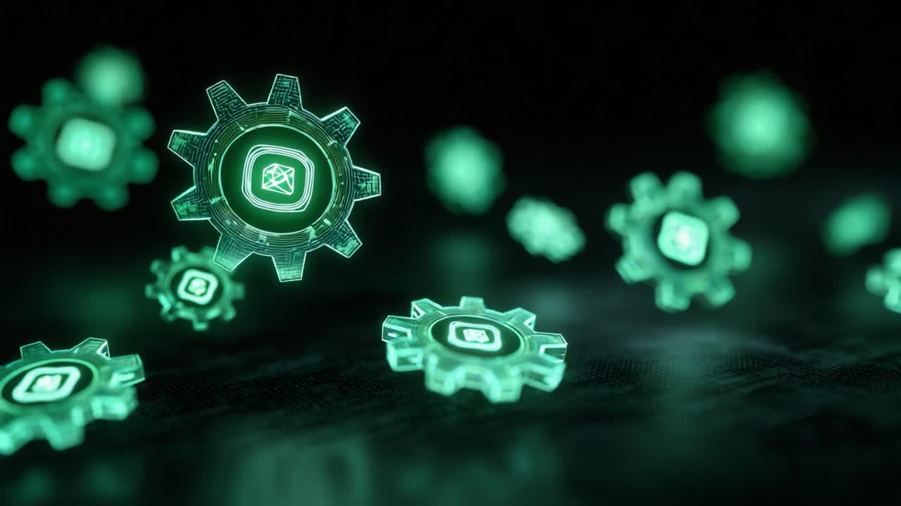 Futuristic Green Gears Glowing in Dark Space, Symbolizing Technology and Innovation in a Digitized World, with Sparkling Effects Enhancing the Visual Appeal of Mechanical Components