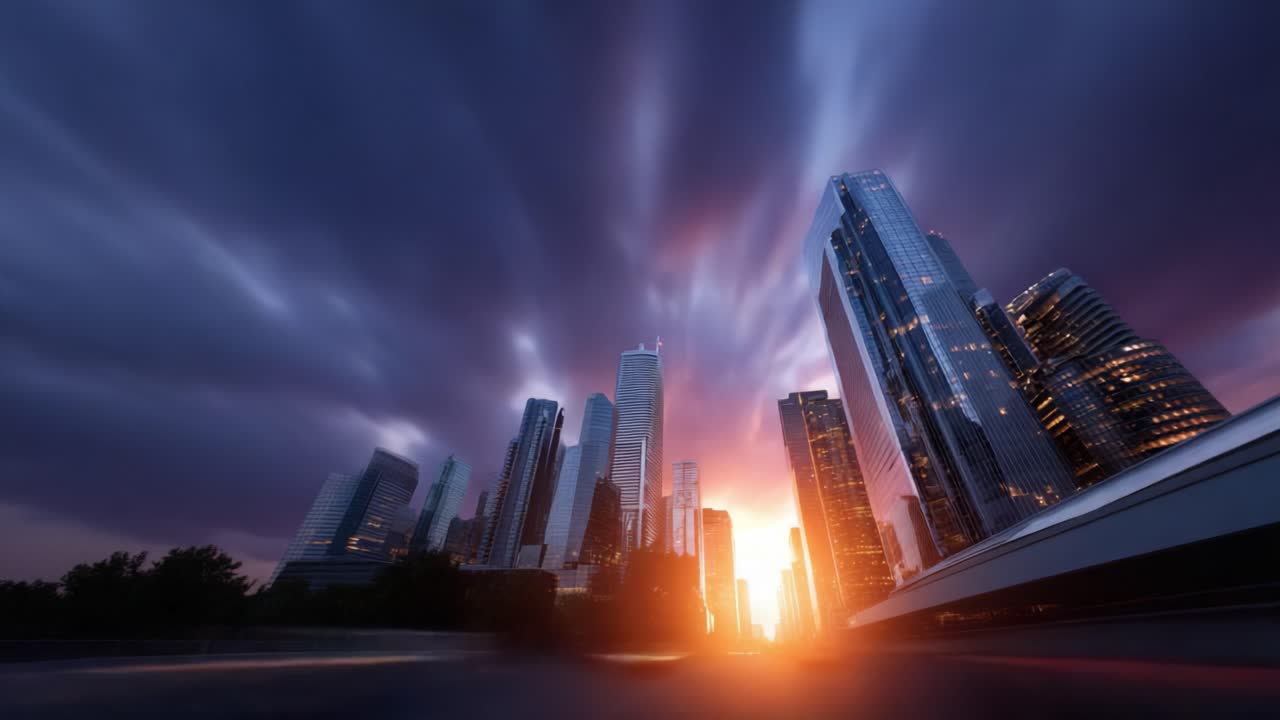 A breathtaking view of a modern city skyline at sunset, captured in dynamic motion with vibrant colors, showcasing the beauty of urban architecture and twilight