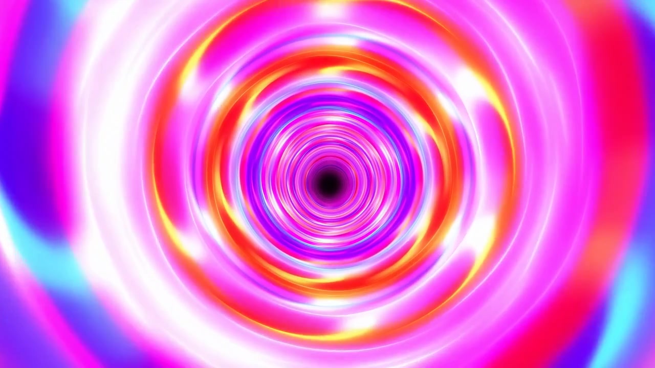 Bright circular bands expand and shift around a centered dark core, creating layered tunnel depth as saturated pink, violet, cyan, orange, and white highlights flow across the frame.