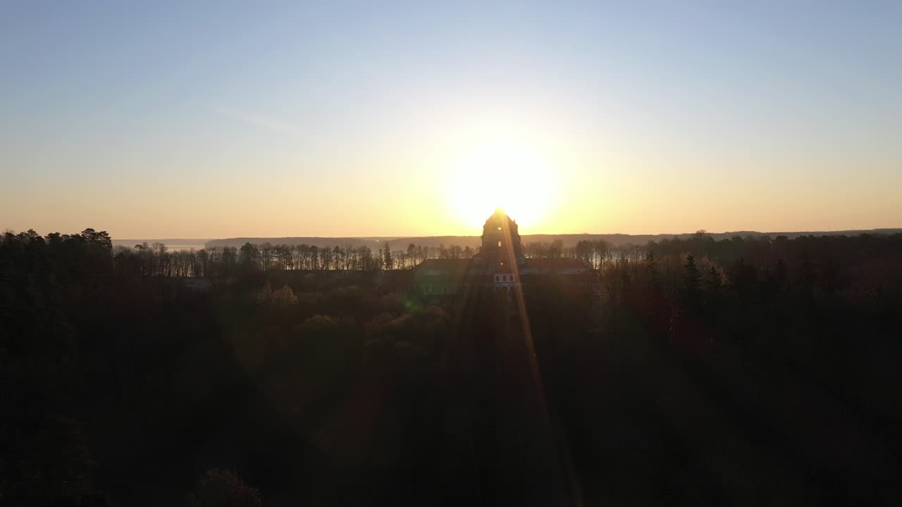 Drone aerial view of park near Kaunas sea, Lithuania. Spring sunrise.