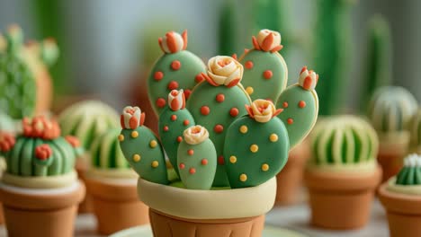 terracotta pots hosting colorful blooming cacti, creating miniature desert garden with green pads, orange flowers, and vibrant succulent arrangement