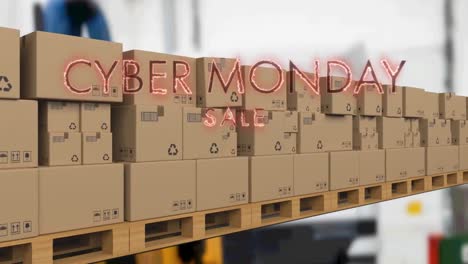 animación del texto de venta del lunes cibernético sobre cajas de cartón en la cinta transportadora