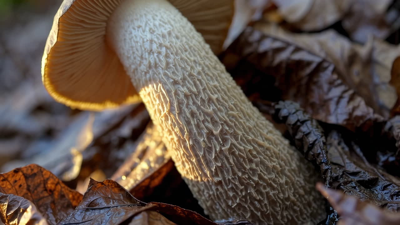 Close-up of a Textured Mushroom Stem Among Dried Leaves