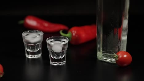 Enrolle-El-Tomate-Cherry-Hasta-Dos-Tazas-De-Vodka.-Fondo-Negro