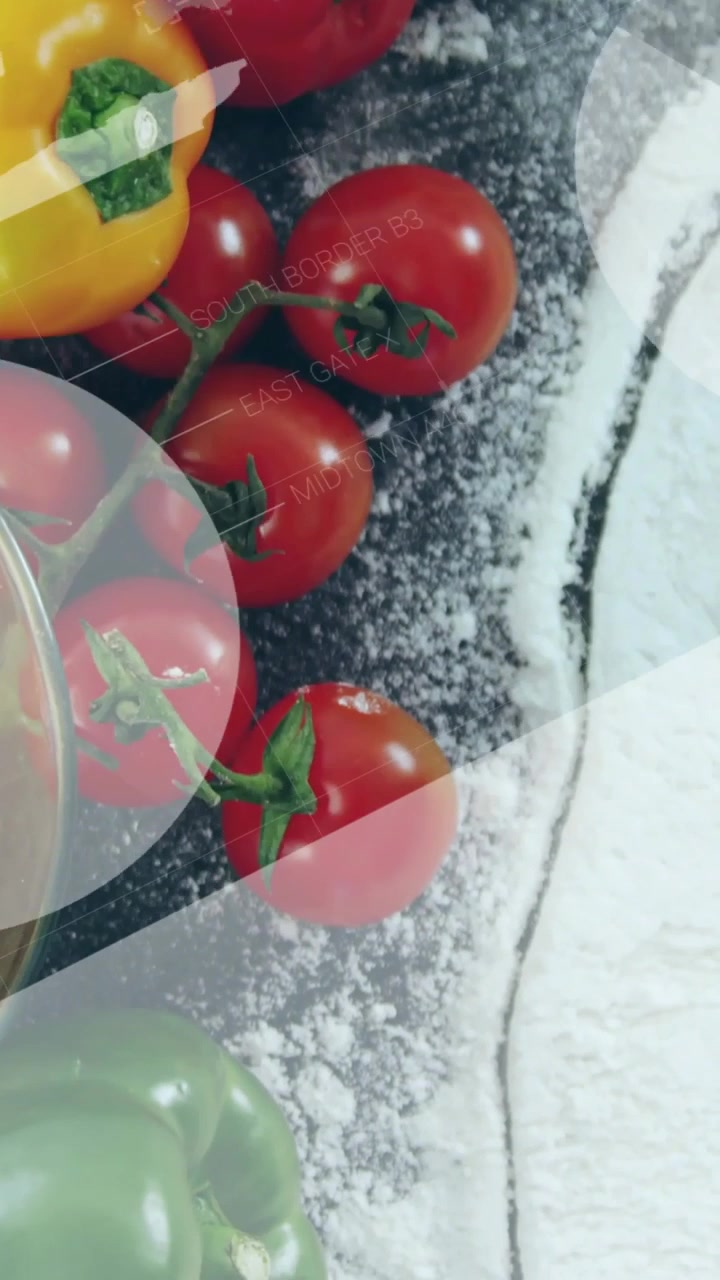 Video verticale: Telecamera che scorre verso il basso mostrando prodotti su farina, con overlay di percentuali che etichettano per test alimentari.