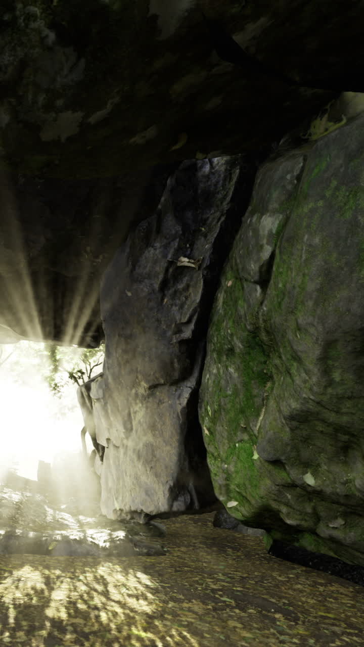 La luce filtra attraverso le rocce in una grotta serena illuminando la bellezza della natura.